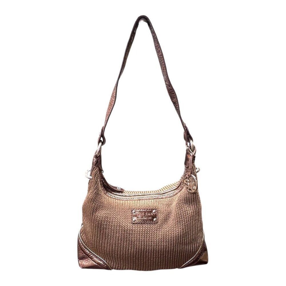 The Sak Bronze Knit Bronze Shoulder Bag Faux Leather Trim & Zipper Closure READ